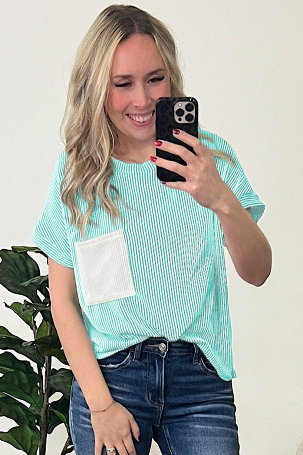 Light Blue Corded Knit Color Block Pocketed Crew Neck T Shirt-Bella Boutique Collective