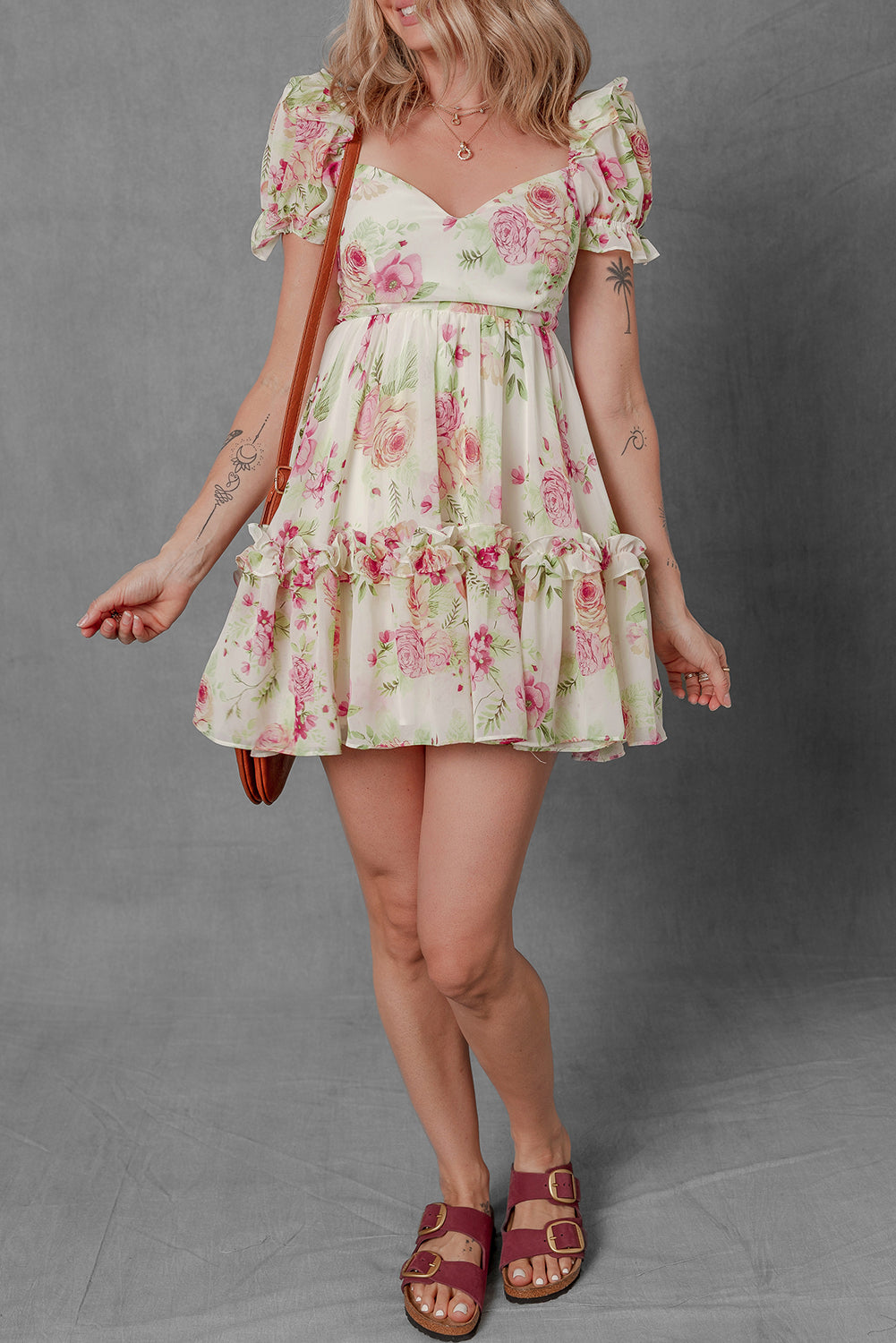 White Vibrant Floral Bubble Sleeve Sweetheart Neck Ruffle Mini Dress-Bella Boutique Collective