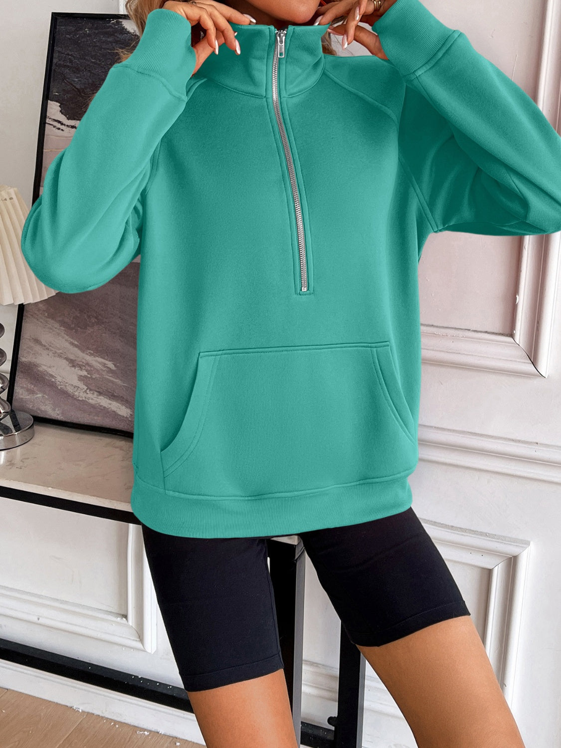 Ivy Lane Half Zip Raglan Sleeve Sweatshirt-Bella Boutique Collective