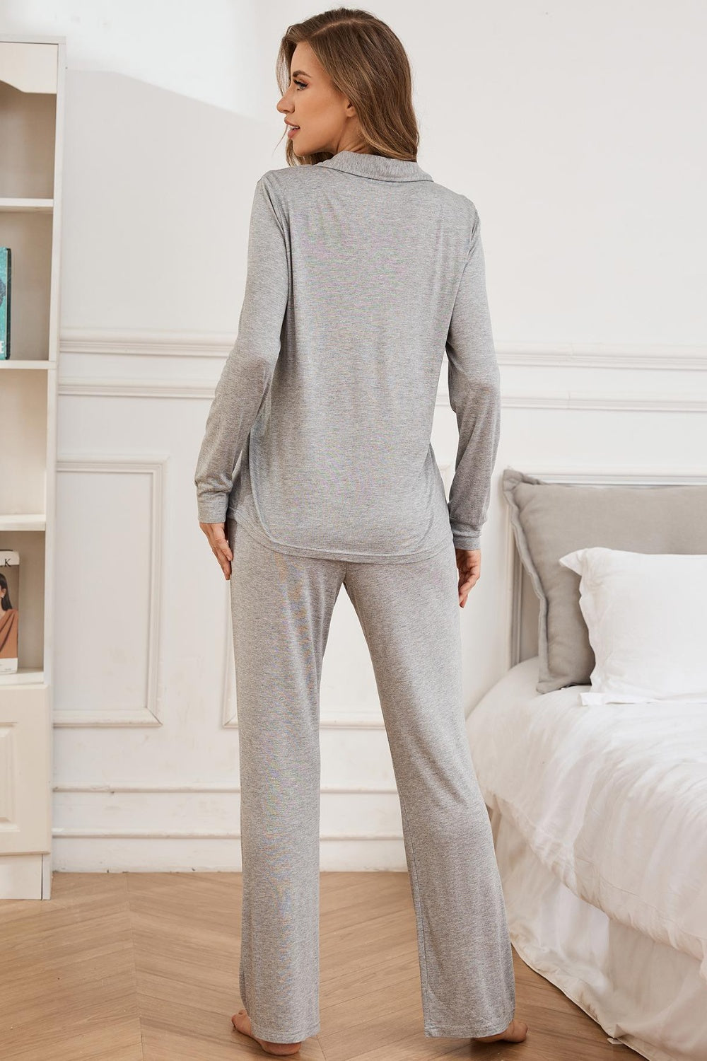 Button Up Long Sleeve Top and Pants Lounge Set-Bella Boutique Collective