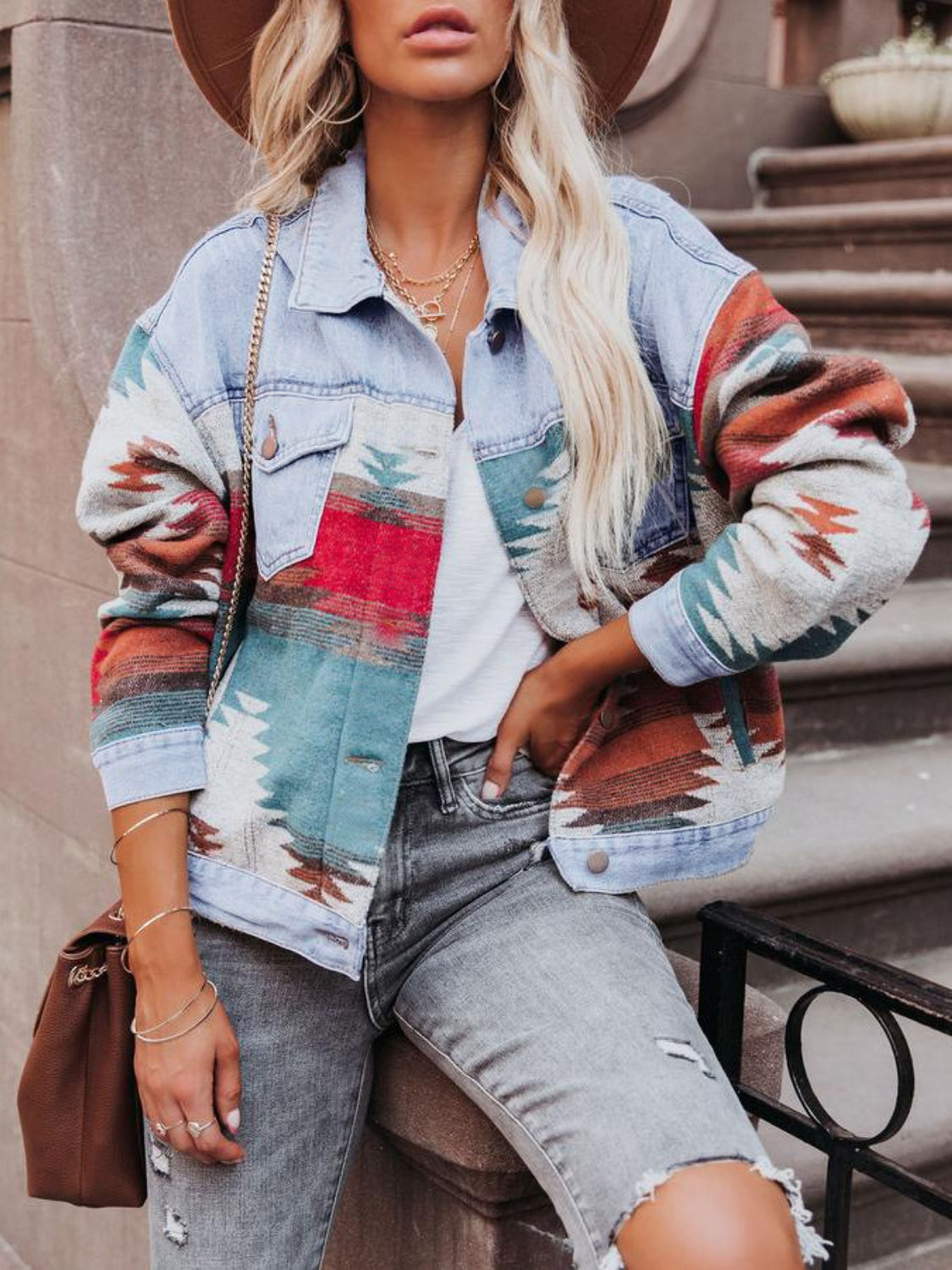 Geometric Button Up Long Sleeve Denim Jacket-Bella Boutique Collective