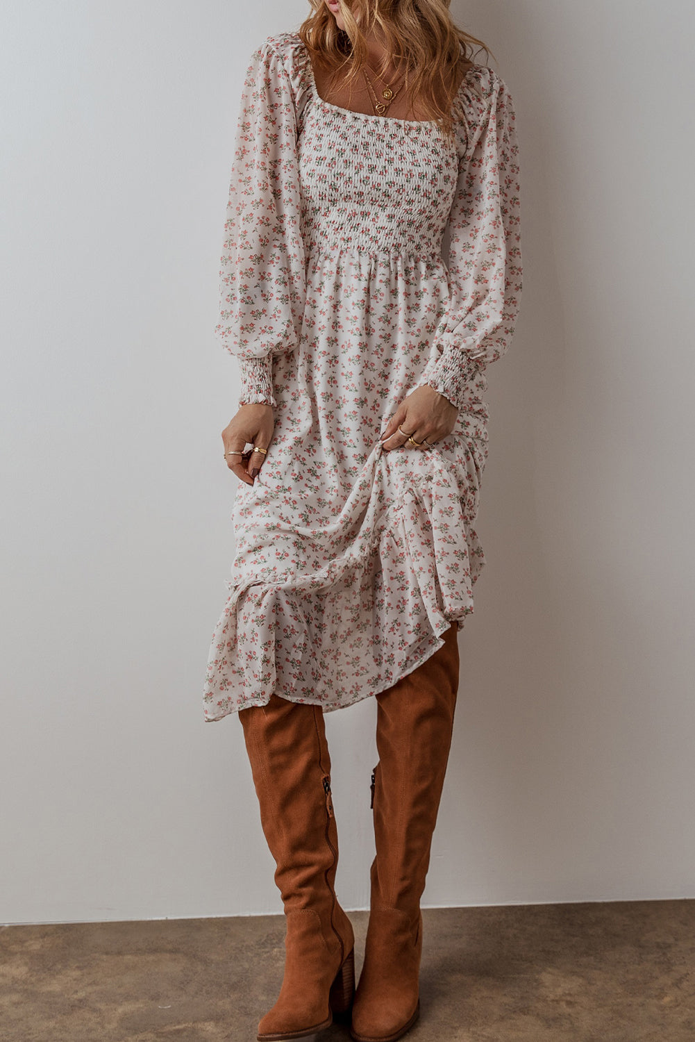 White Floral Print Shirred Ruffled Hem Square Neck Midi Dress-Bella Boutique Collective