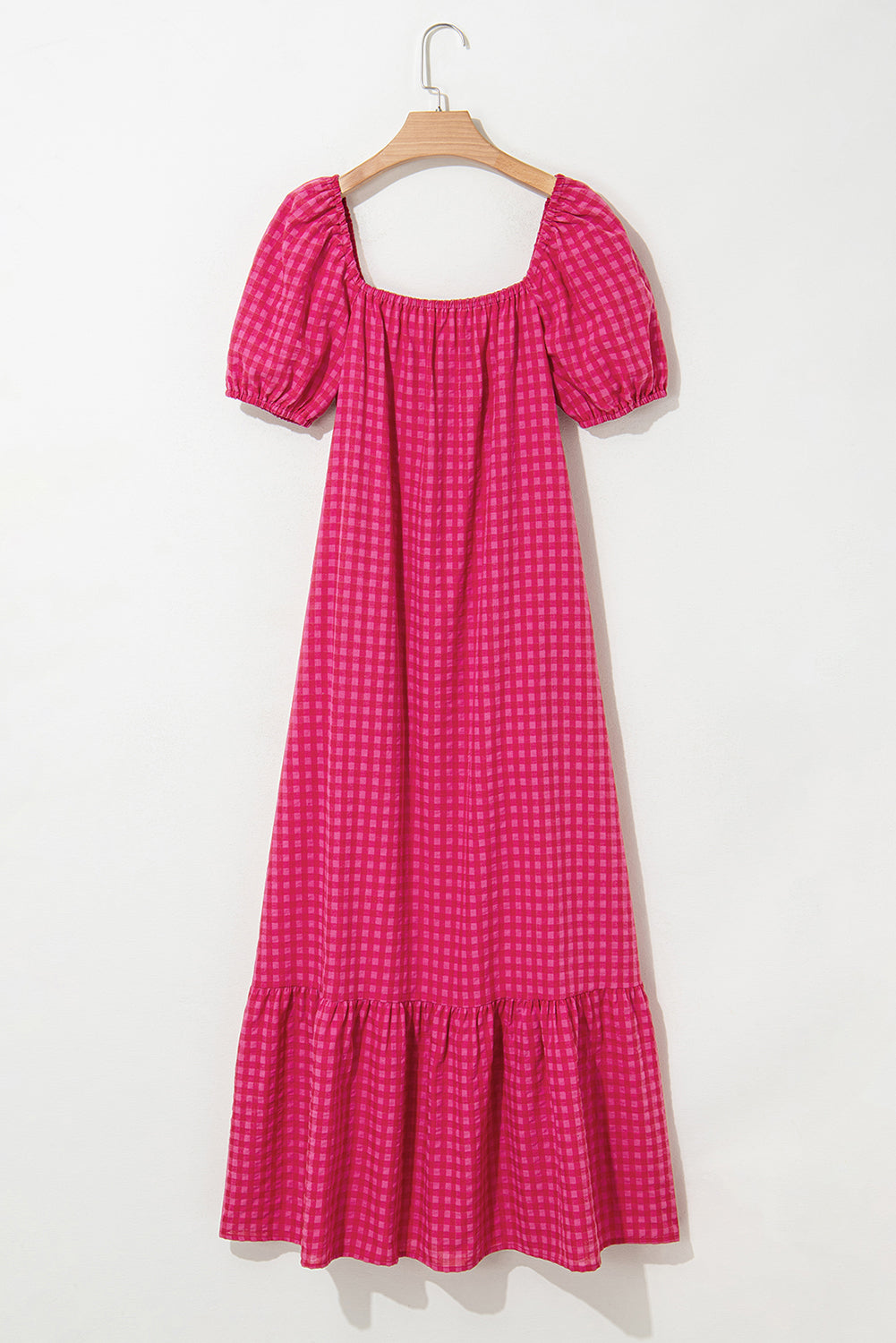 Rose Ginham Check Bubble Sleeve Ruffled Maxi Dress-Bella Boutique Collective
