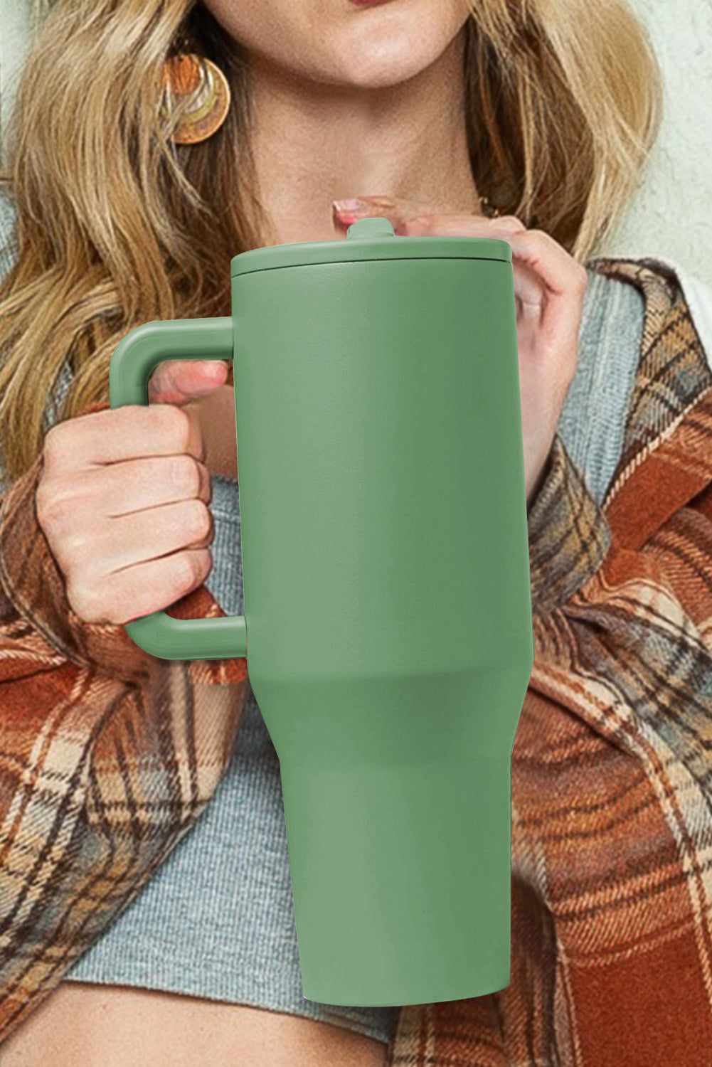 Dark Green Frosted Stainless Handle Large Vacuum Cup with Straw 40oz-Bella Boutique Collective