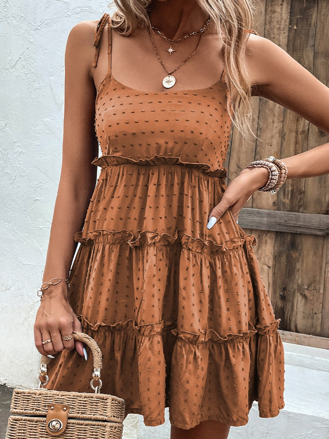 Shiny Frill Spaghetti Strap Tiered Dress-Bella Boutique Collective