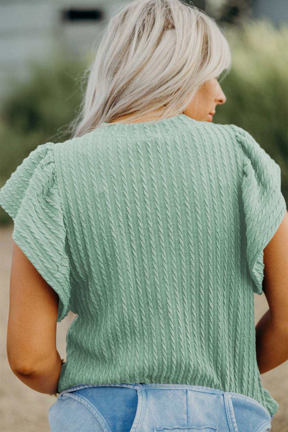 Moonlight Jade Solid Color Textured Flutter Sleeve Top-Bella Boutique Collective