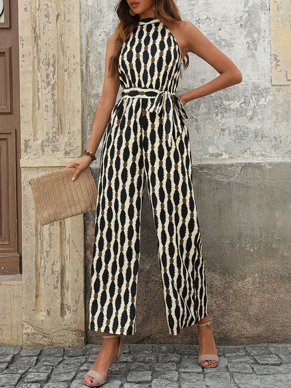 Tied Printed Grecian Neck Jumpsuit-Bella Boutique Collective