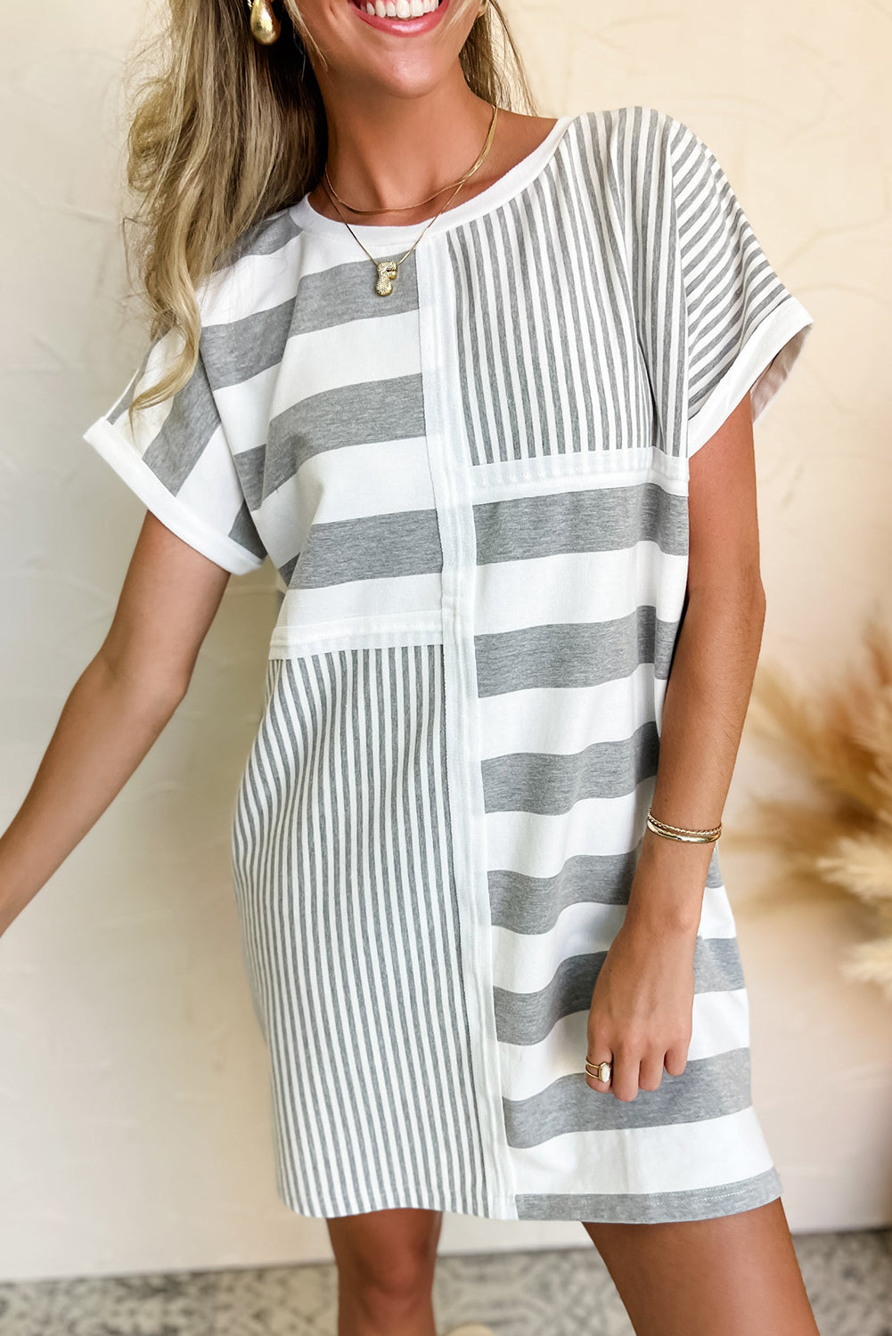 Gray Stripe Mixed Printed Short Sleeve Shift Mini T Shirt Dress-Bella Boutique Collective