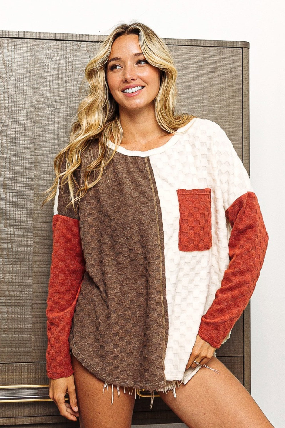 BiBi Color Block Brushed Checker Top-Bella Boutique Collective