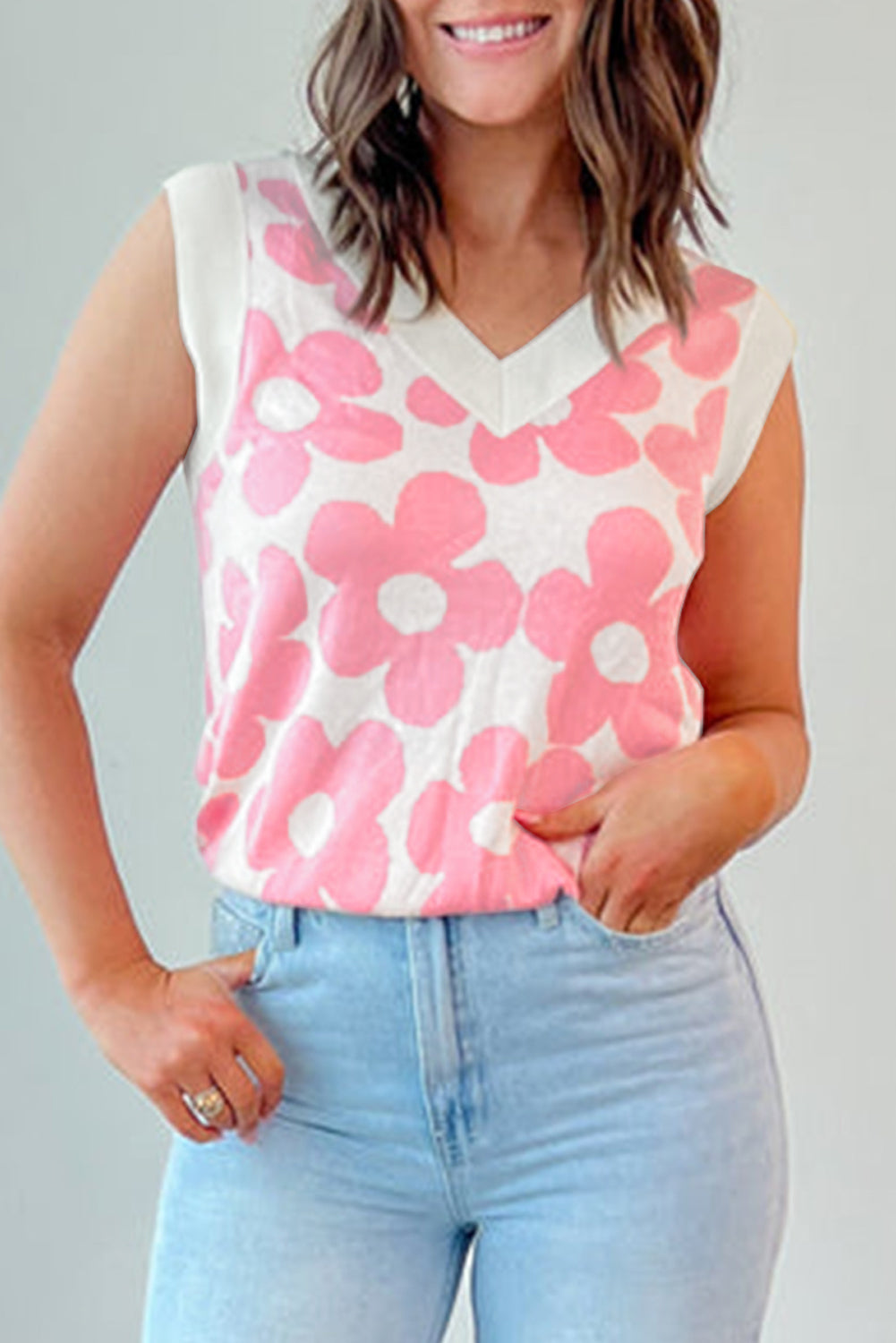 Pink Cute Flower Knitted V Neck Tank Top-Bella Boutique Collective