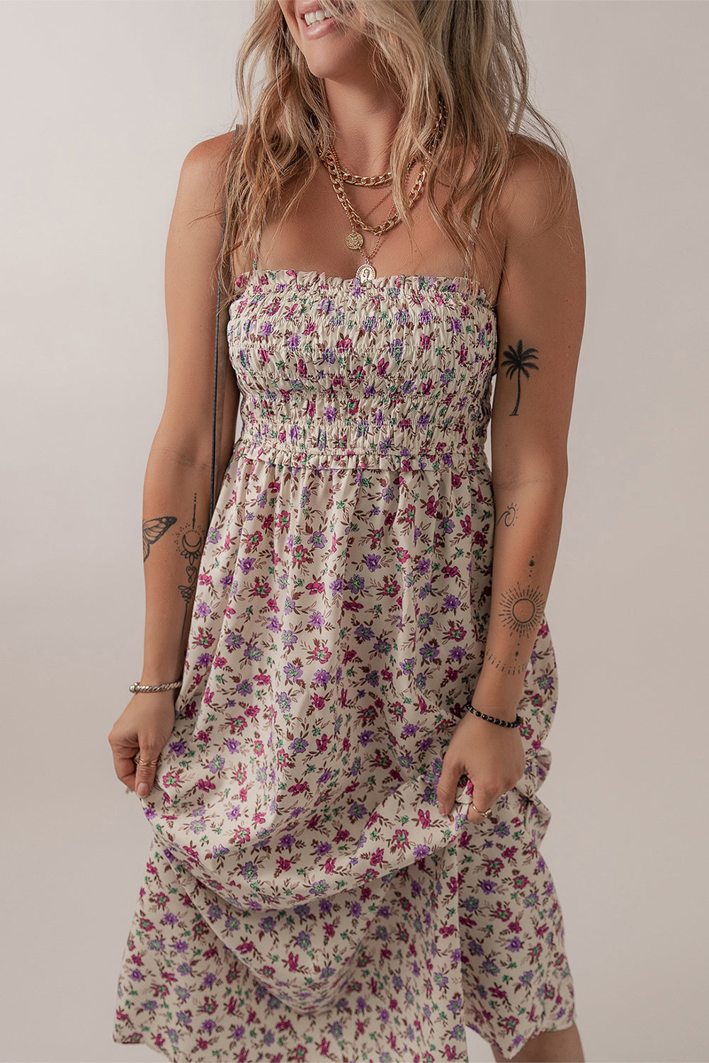 Multicolour Bohemian Ditsy Floral Smocked Fit Flare Sundress-Bella Boutique Collective