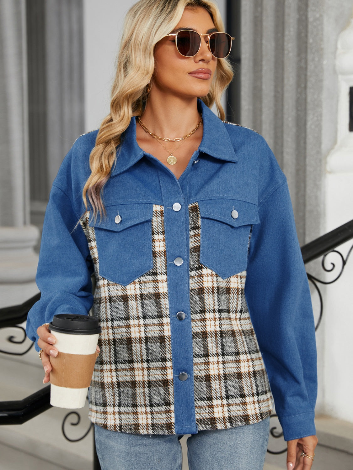 Plaid Button Up Long Sleeve Denim Jacket-Bella Boutique Collective