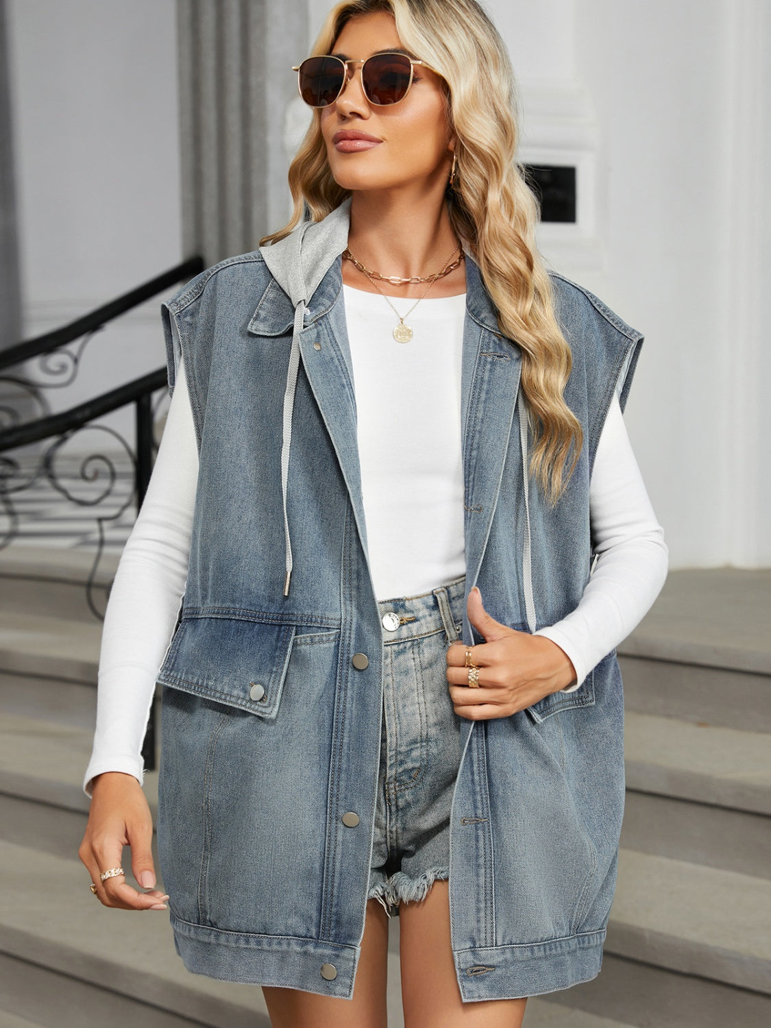 Removable Hood Button Up Cap Sleeve Denim Jacket-Bella Boutique Collective
