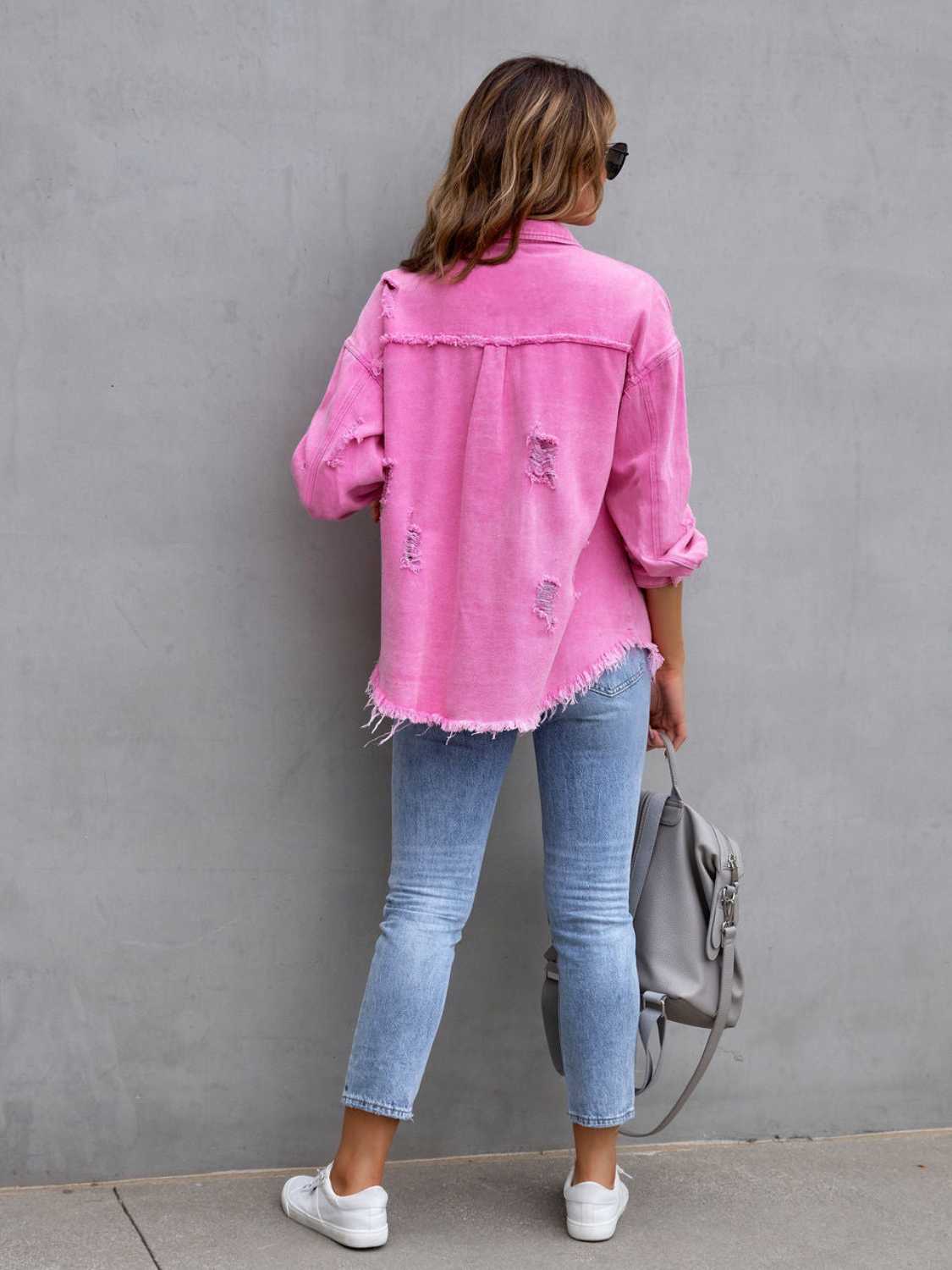 Distressed Drop Shoulder Denim Jacket-Bella Boutique Collective