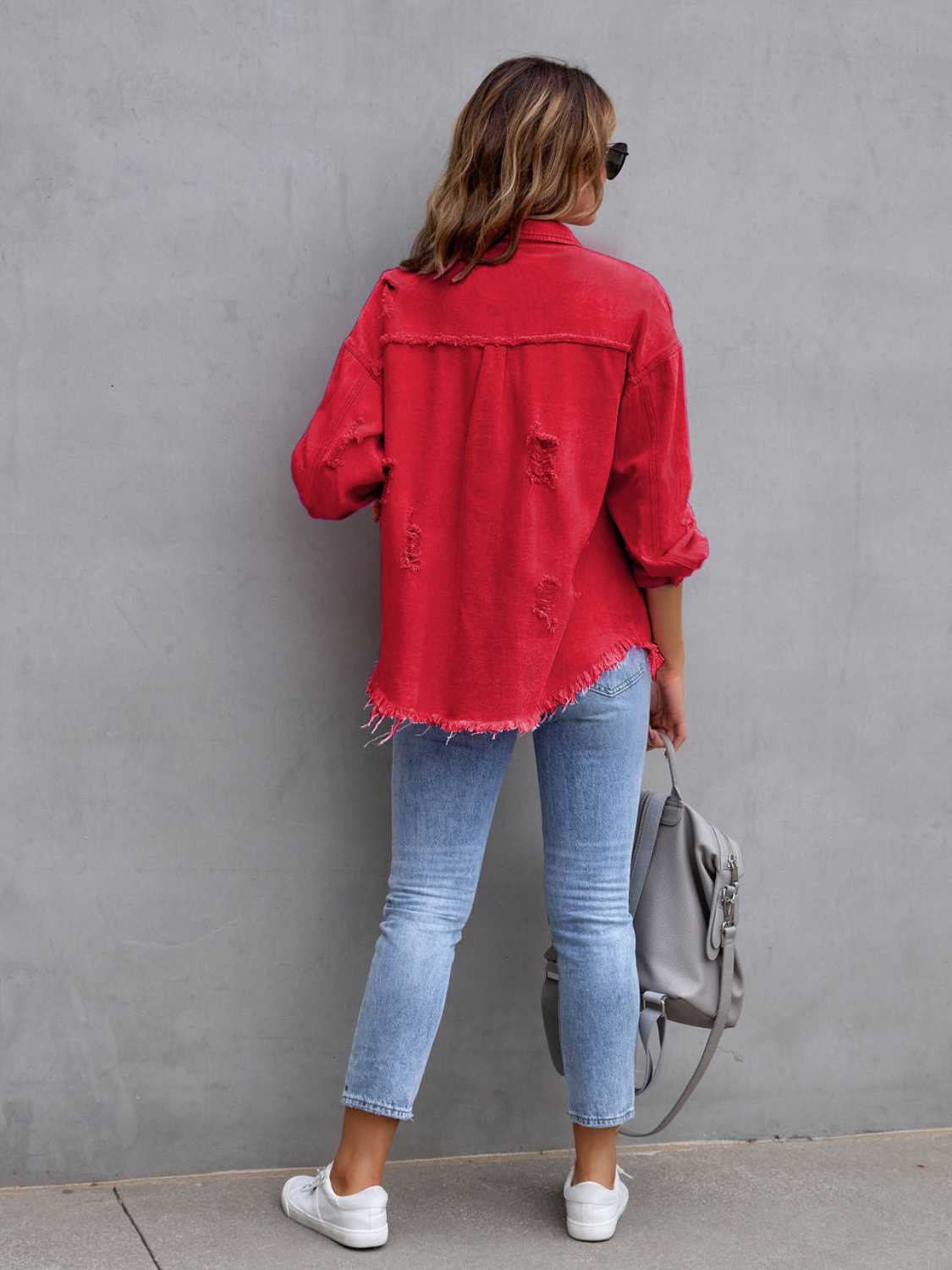 Distressed Drop Shoulder Denim Jacket-Bella Boutique Collective