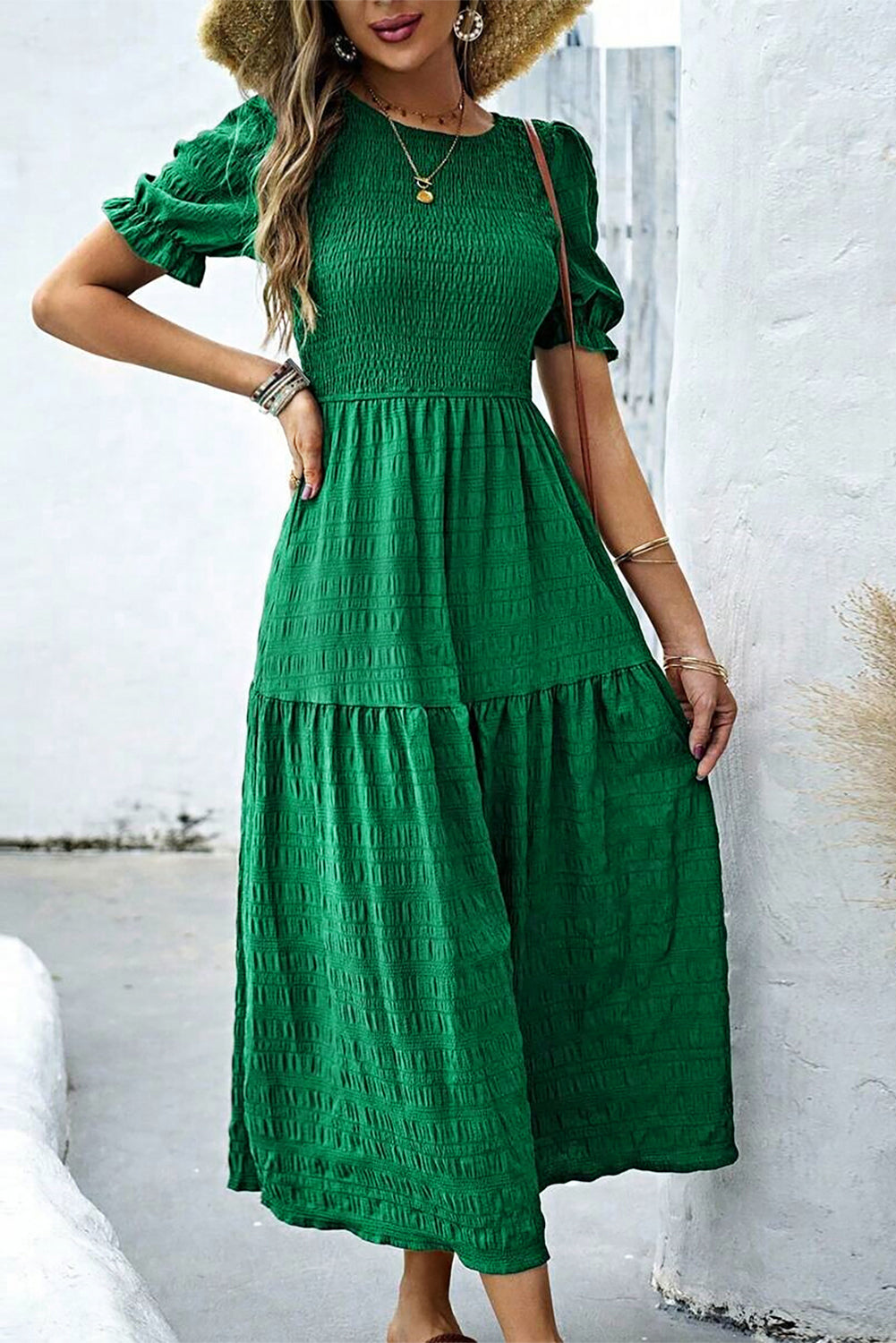 Dark Green Solid Textured Smocked Puff Short Sleeve High Waist Long Dress-Bella Boutique Collective
