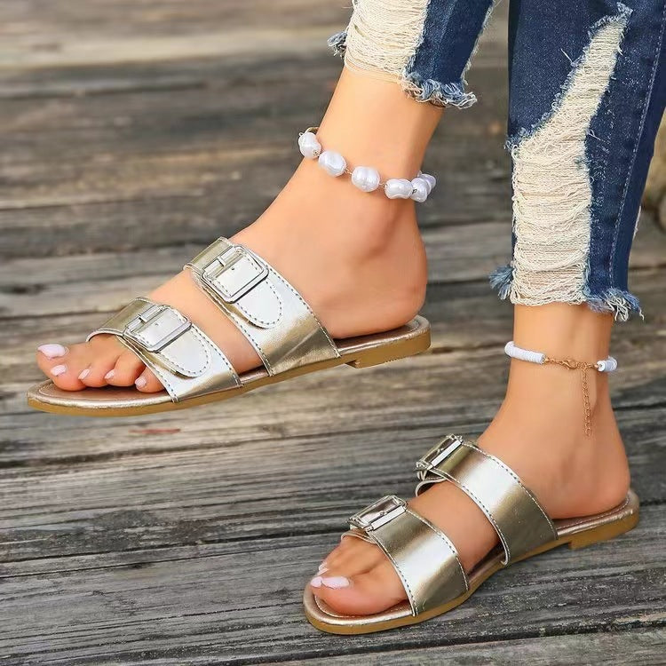 Open Toe Double Buckle Sandals-Bella Boutique Collective