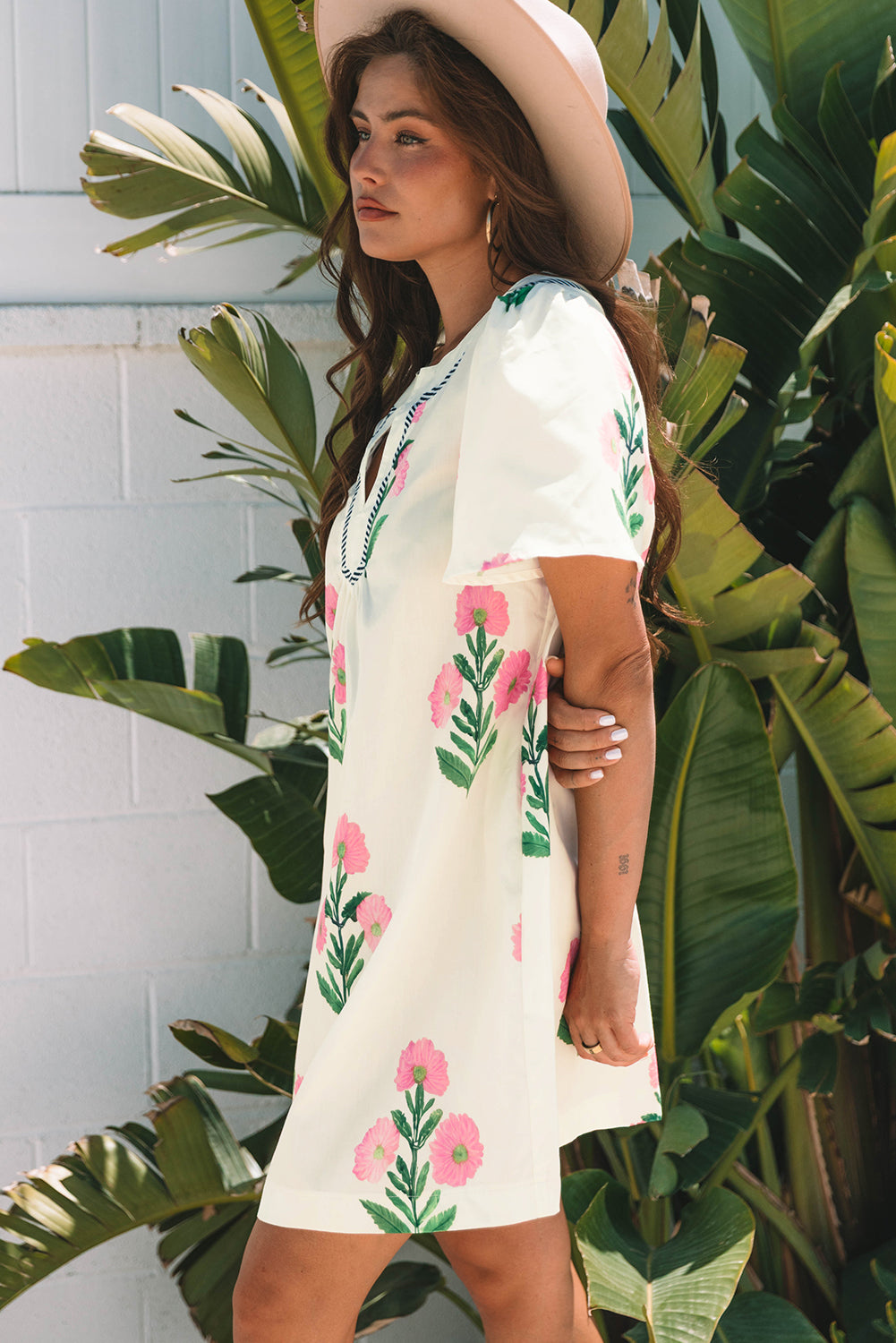 Apricot Floral Short Sleeve Split Neck Loose Mini Dress-Bella Boutique Collective