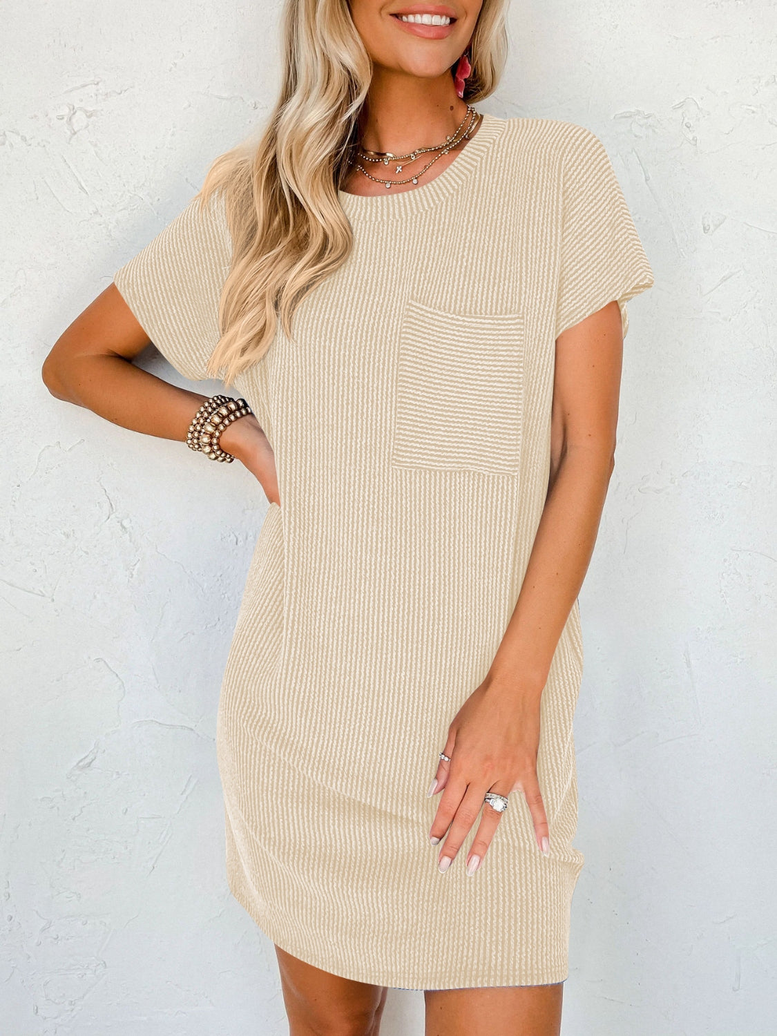 Lovelet Round Neck Short Sleeve Mini Dress-Bella Boutique Collective