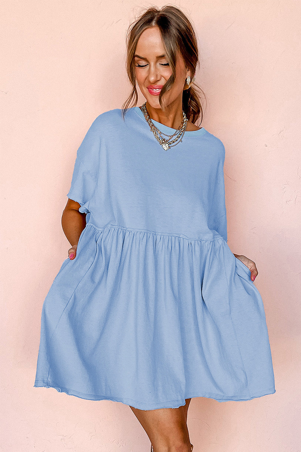 Sky Blue Solid Color Pocketed Raw Edge Babydoll Dress-Bella Boutique Collective