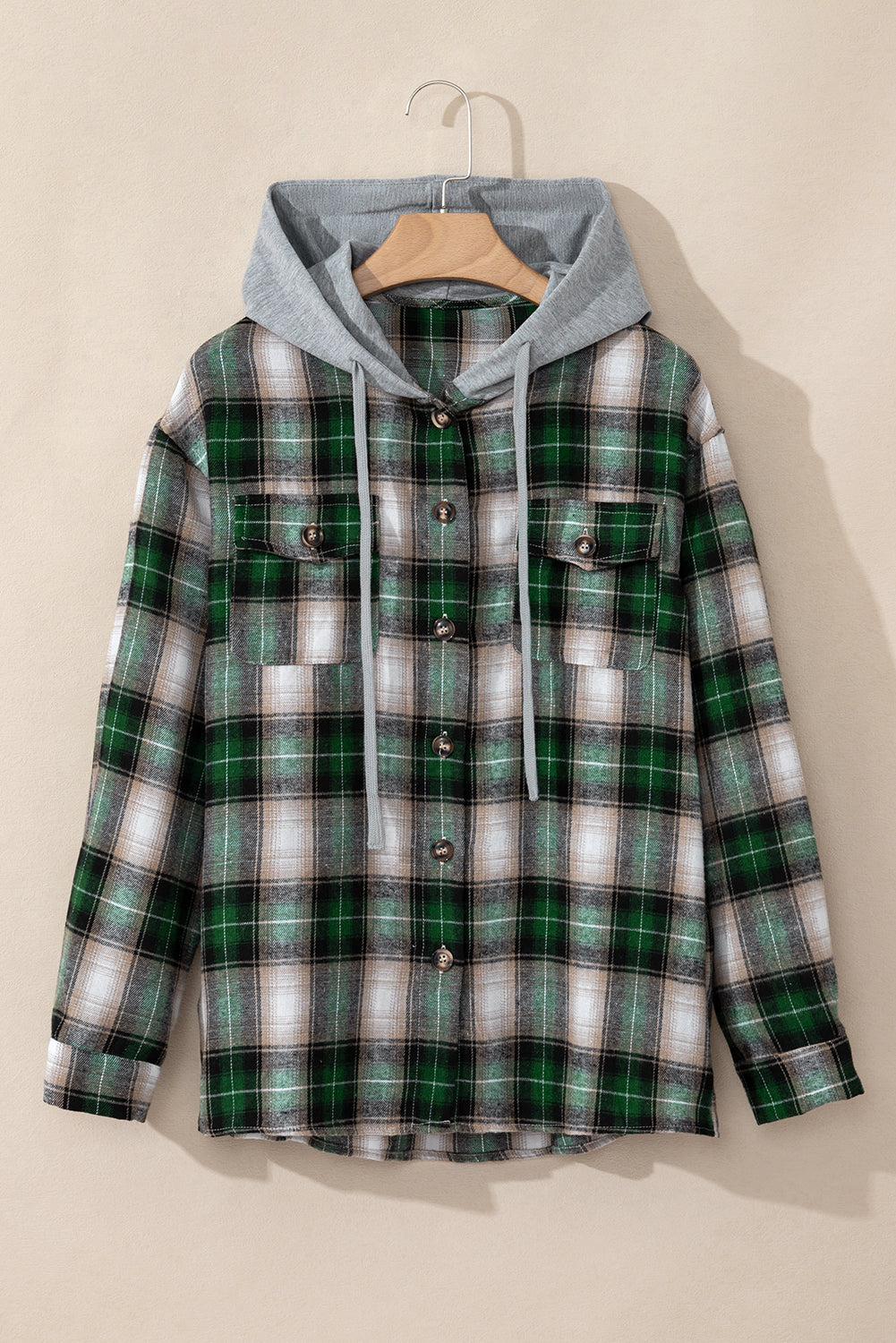 Green Plaid Print Chest Pocket Buttoned Hooded Shacket-Bella Boutique Collective