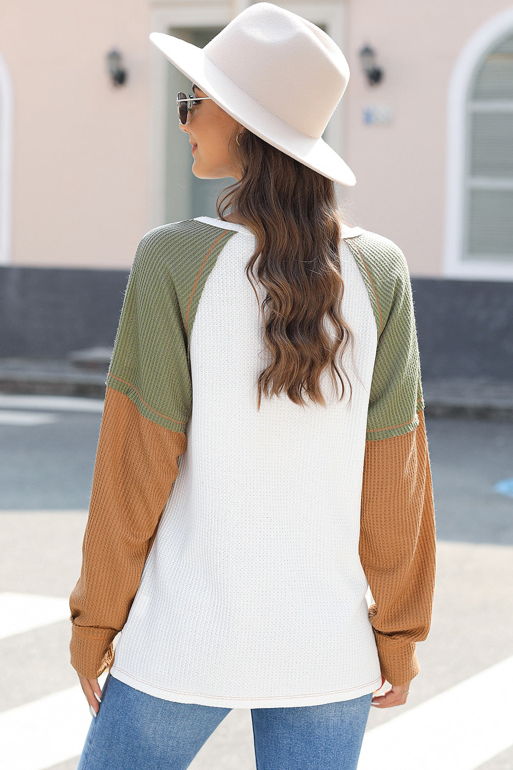 Waffle-Knit Color Block Long Sleeve Top-Bella Boutique Collective
