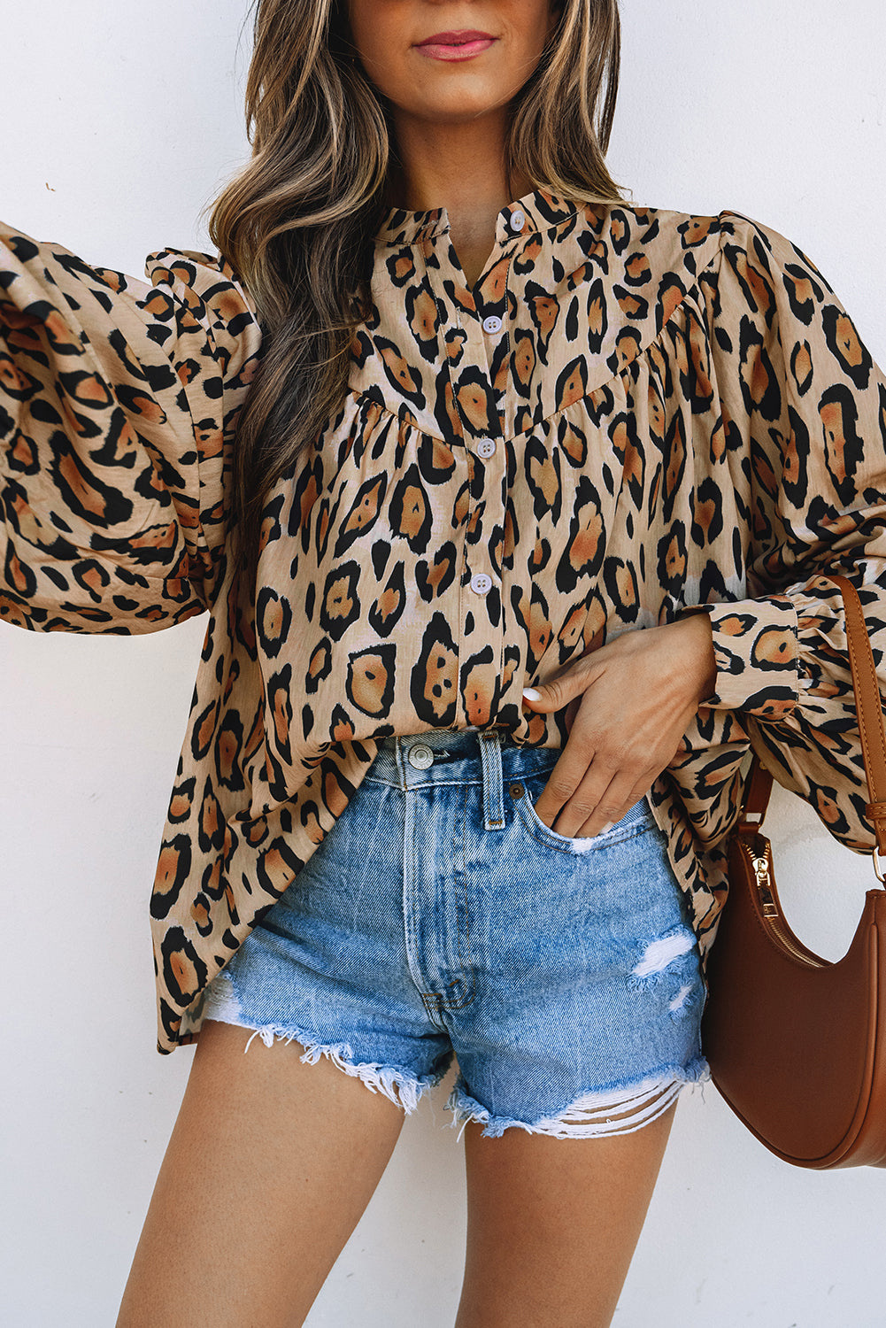 Light French Beige Oversized Leopard Print Balloon Sleeve Casual Shirt-Bella Boutique Collective