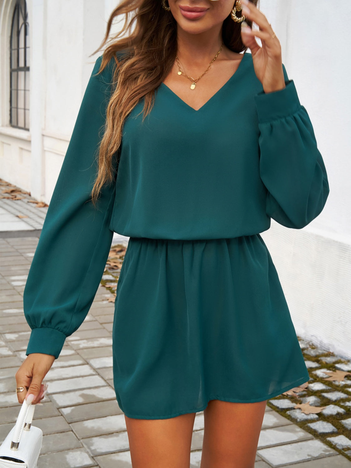 Devine Cutout V-Neck Long Sleeve Mini Dress-Bella Boutique Collective