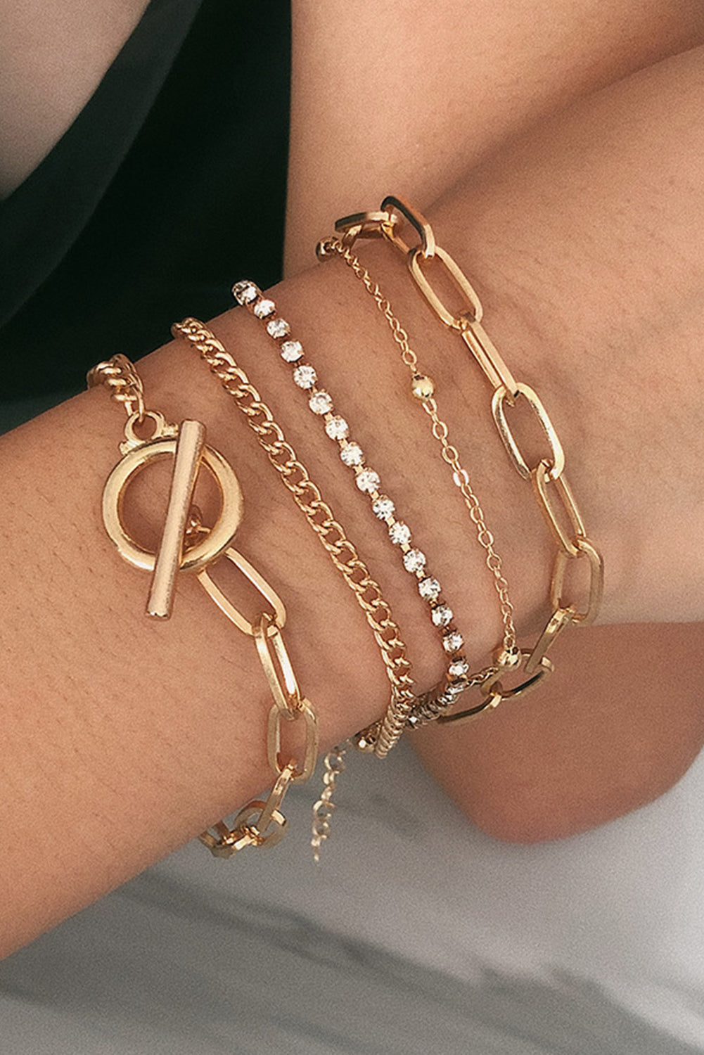 Gold Multi Layered Rhinestone Plated Chain Bracelet Set-Bella Boutique Collective