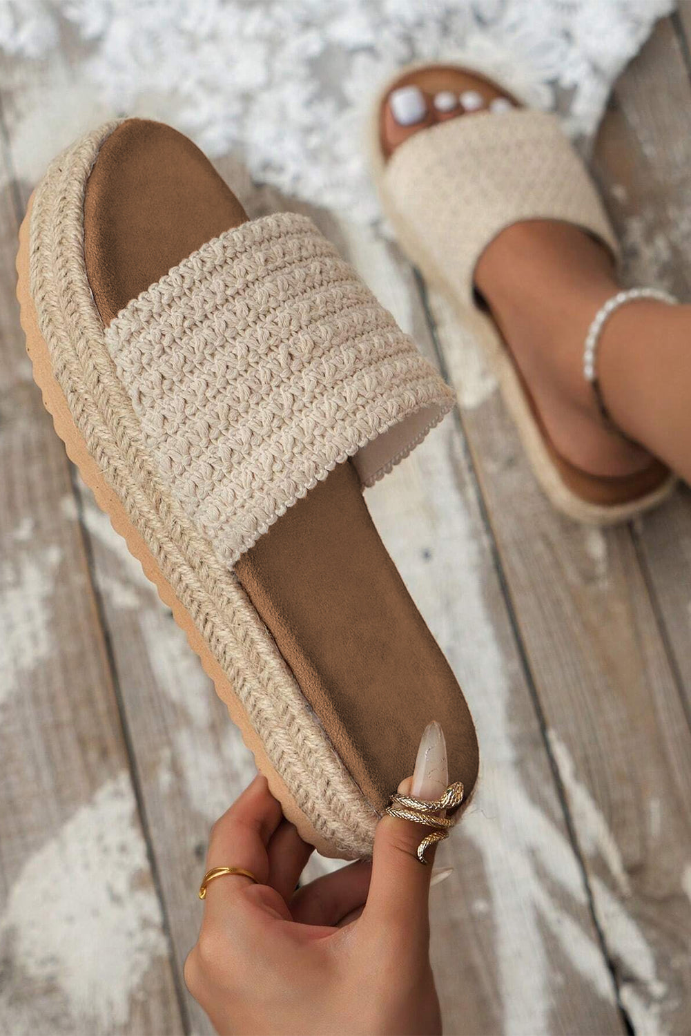 White Boho Woven Non-slip Wedge Slippers-Bella Boutique Collective