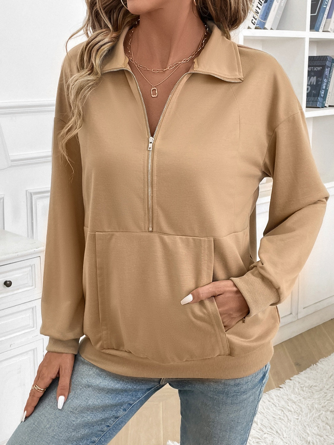 Half Zip Kangaroo Pocket Long Sleeve Sweatshirt-Bella Boutique Collective