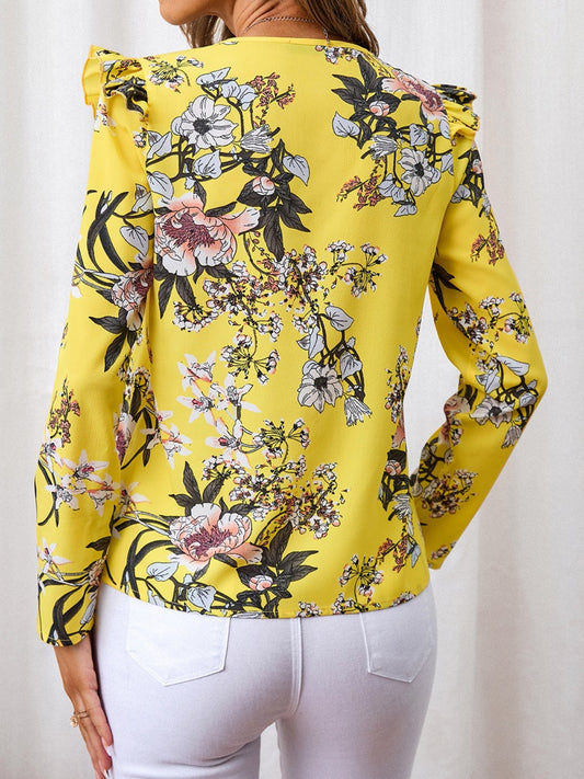 Ruffled Printed V-Neck Long Sleeve Blouse-Bella Boutique Collective