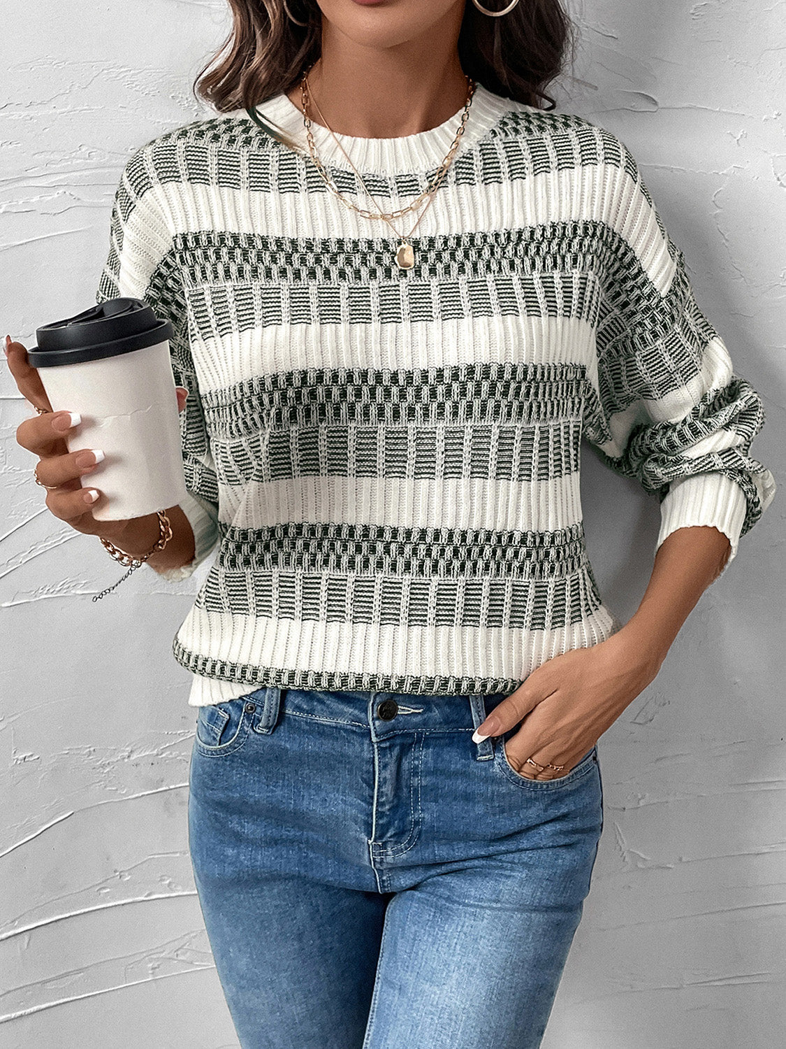 Perfee Contrast Round Neck Long Sleeve Sweater-Bella Boutique Collective