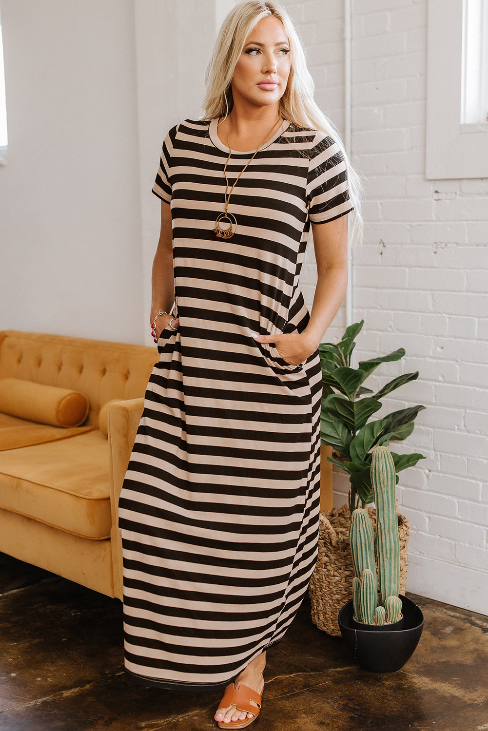 Black Stripe Casual Round Neck T-shirt Maxi Dress with Pockets-Bella Boutique Collective