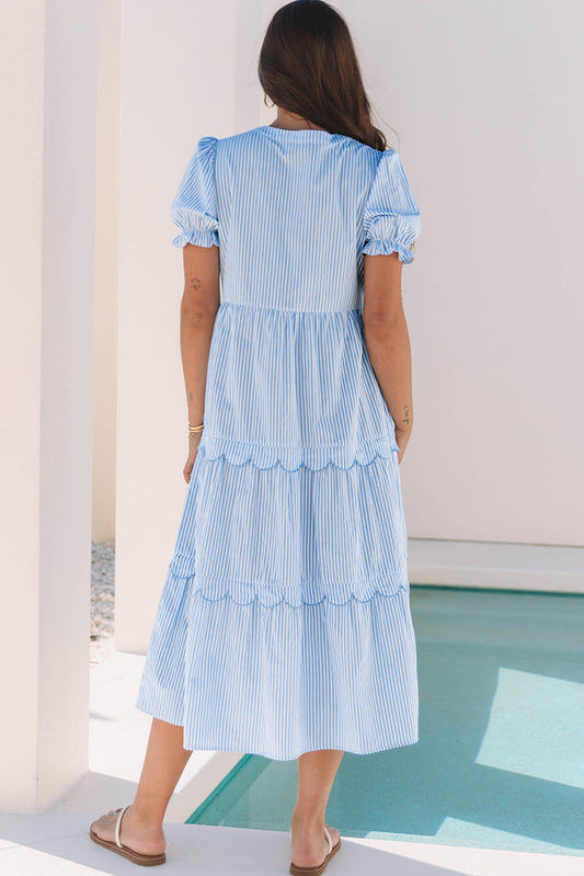 Sky Blue Stripe Bubble Short Sleeve Tiered Scallop Long Dress-Bella Boutique Collective