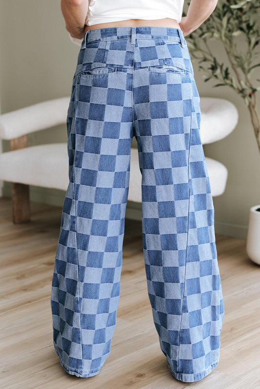 Dusk Blue Checkered Denim Wide Leg Jeans-Bella Boutique Collective