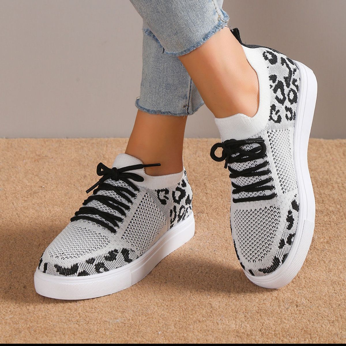Lace-Up Leopard Flat Sneakers-Bella Boutique Collective