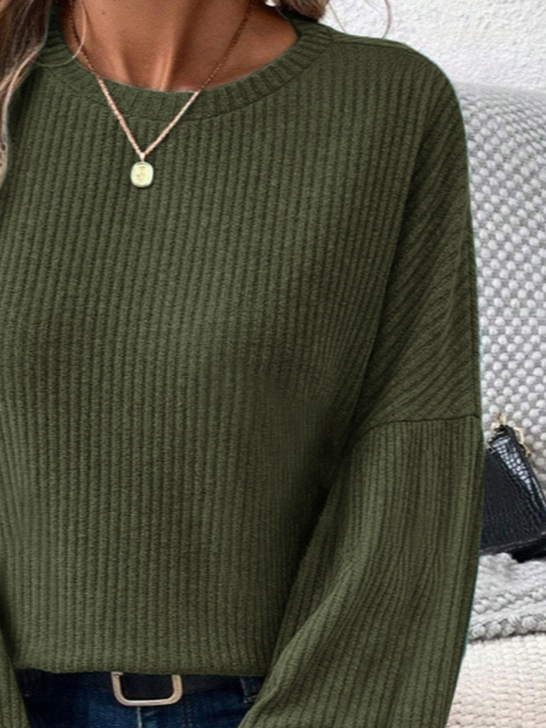 Ribbed Round Neck Lantern Sleeve T-Shirt-Bella Boutique Collective