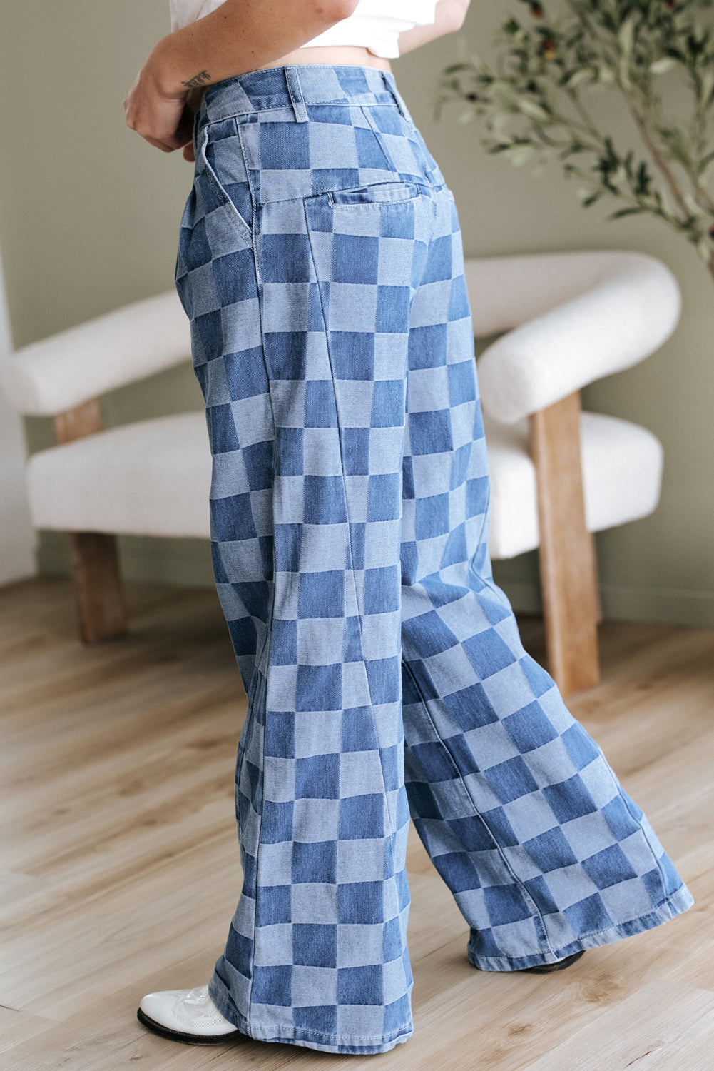 Dusk Blue Checkered Denim Wide Leg Jeans-Bella Boutique Collective