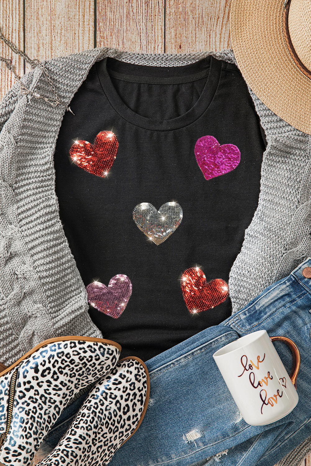 Black Sequin Heart Patched Pattern Crewneck Valentines Tee-Bella Boutique Collective