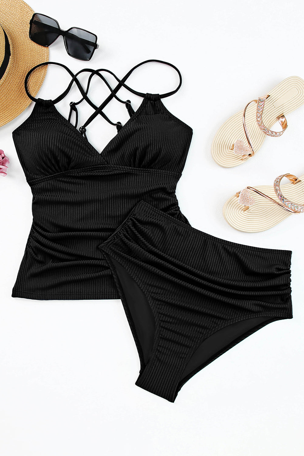 Black Ribbed Dual Crisscross Straps Cut-Out Back Tankini Suit-Bella Boutique Collective
