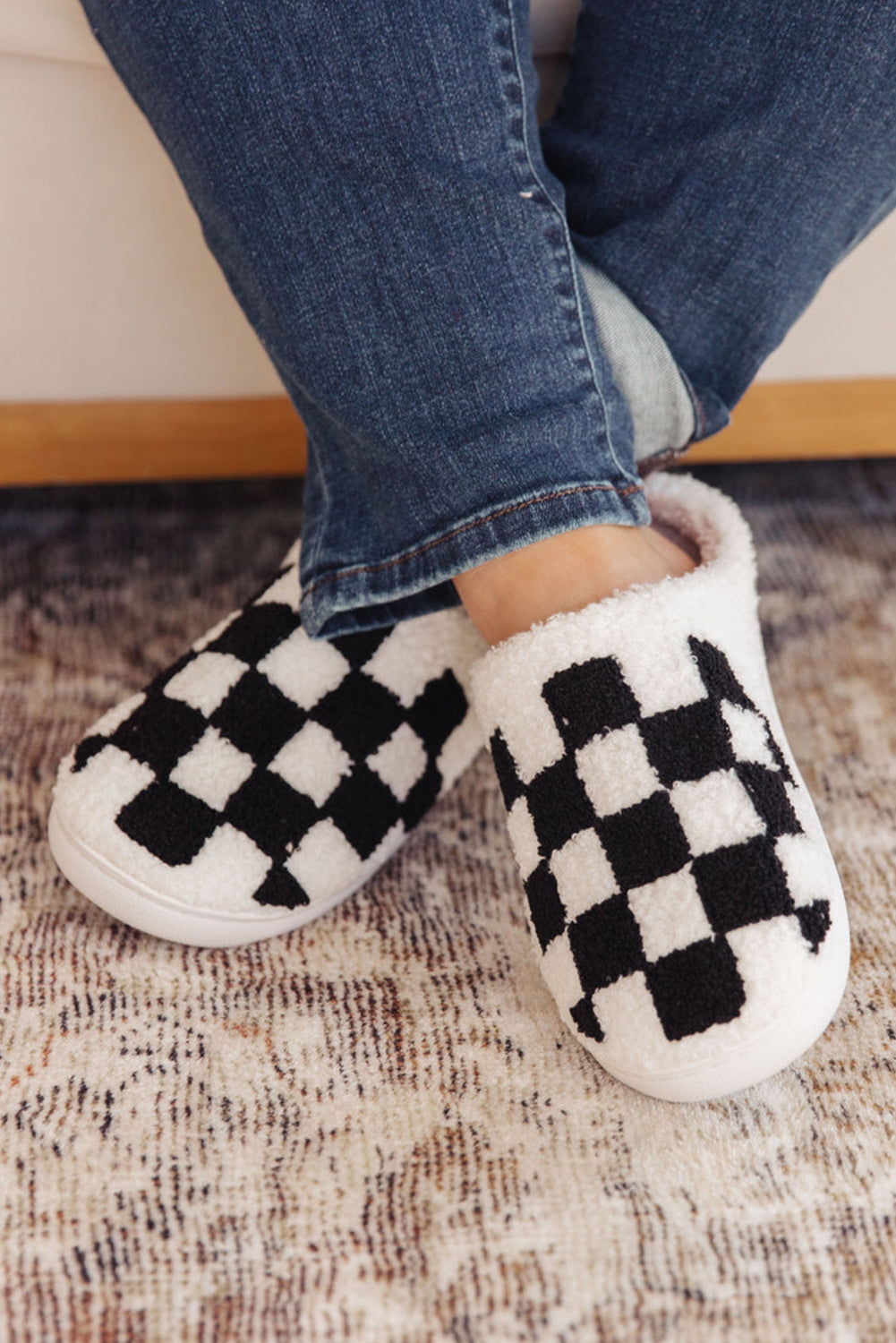 Black Checkered Print Fuzzy Slip On Winter Slippers-Bella Boutique Collective