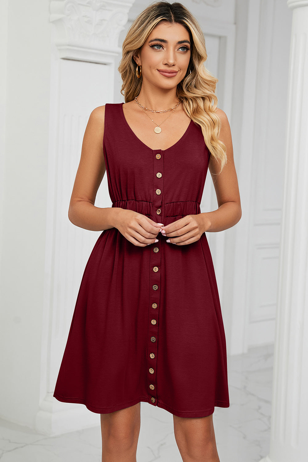 Buttoned Wide Strap Mini Dress-Bella Boutique Collective