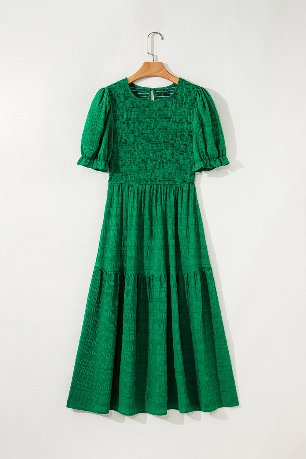 Dark Green Solid Textured Smocked Puff Short Sleeve High Waist Long Dress-Bella Boutique Collective