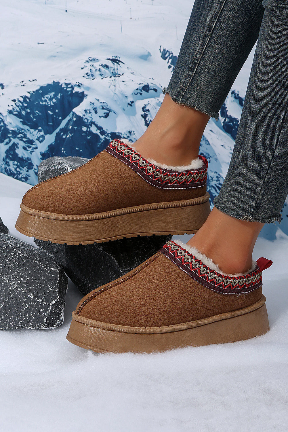 Chestnut Contrast Print Suede Plush Lined Snow Boots-Bella Boutique Collective
