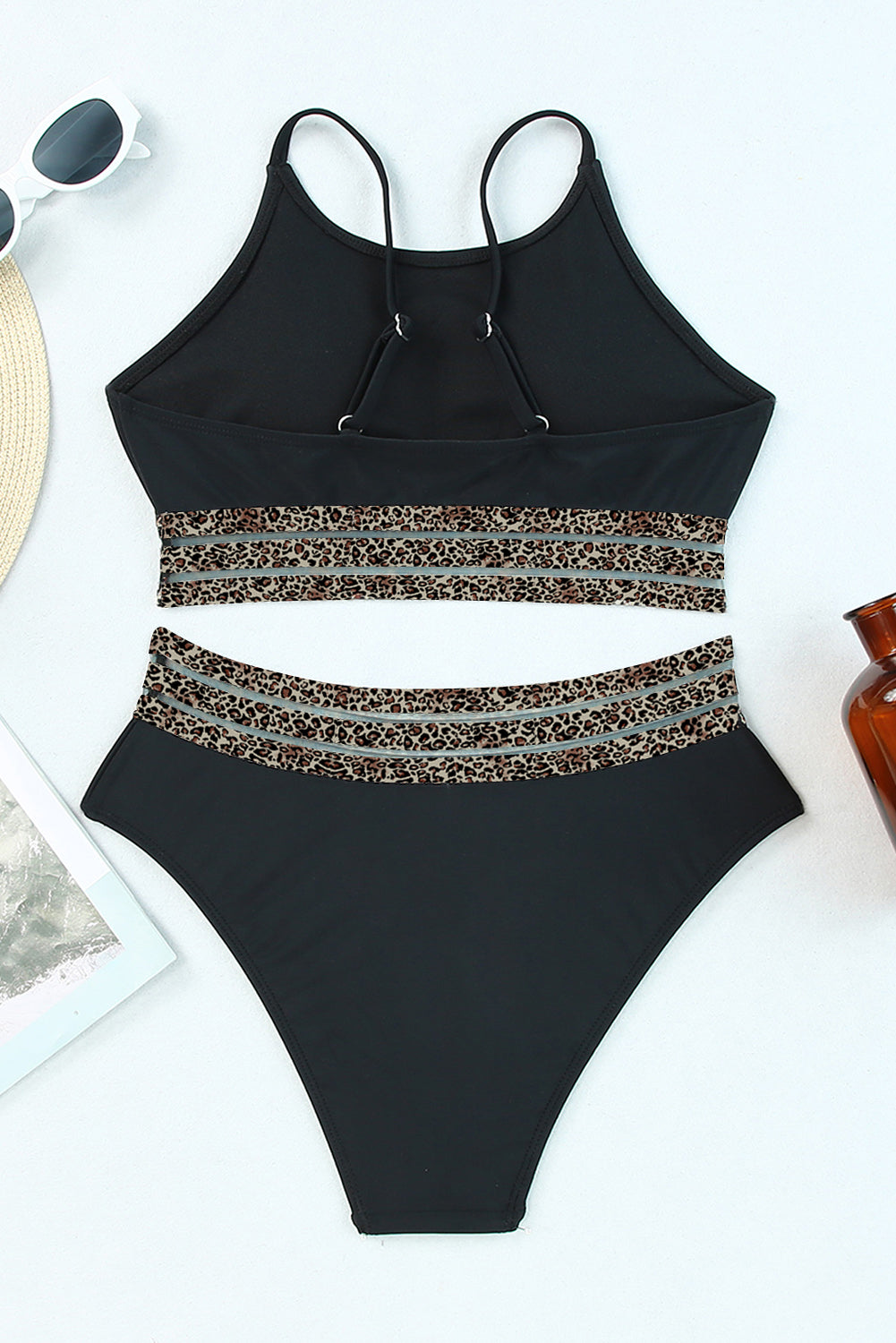 Black Rose Leopard Mesh Trim 2pcs Bikini Swimsuit-Bella Boutique Collective