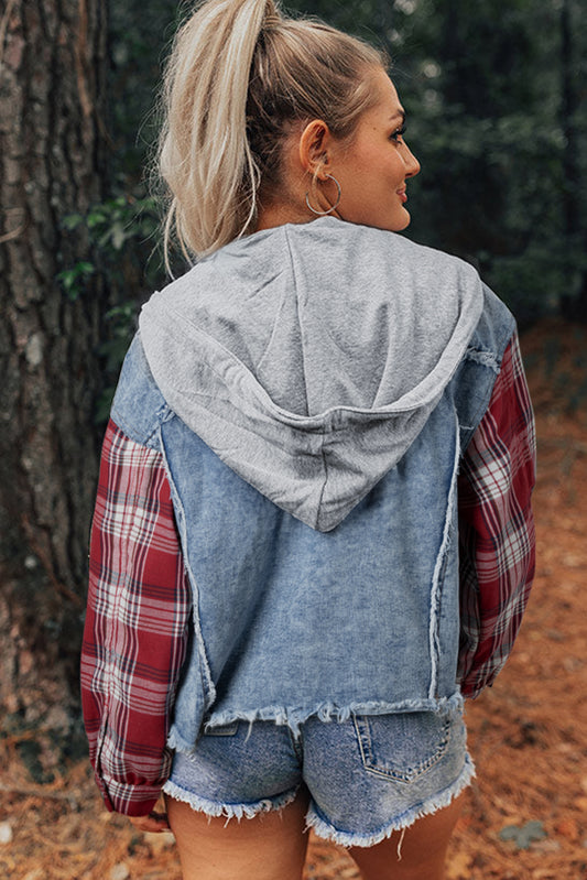 Beau Blue Plaid Print Patchwork Hooded Raw Hem Denim Jacket-Bella Boutique Collective