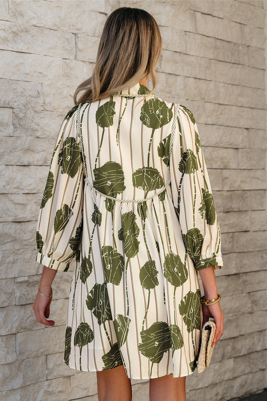 Guacamole Green Floral Striped Print Contrast Piping Puff Sleeve Dress-Bella Boutique Collective