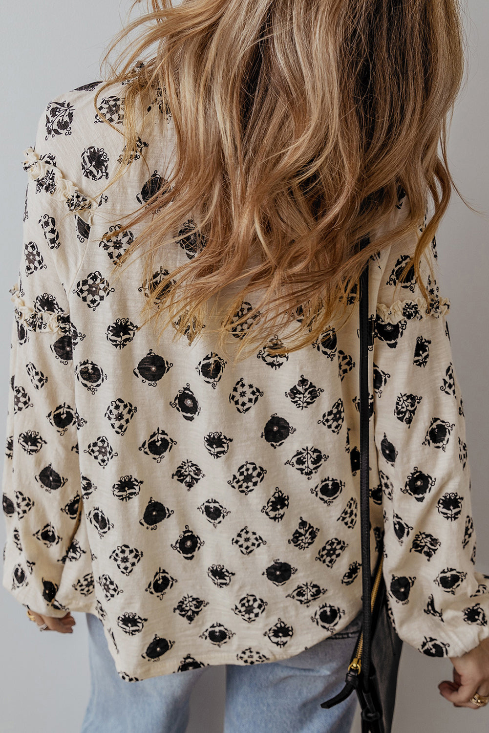 White Printed Split Neck Bubble Sleeve Loose Blouse-Bella Boutique Collective