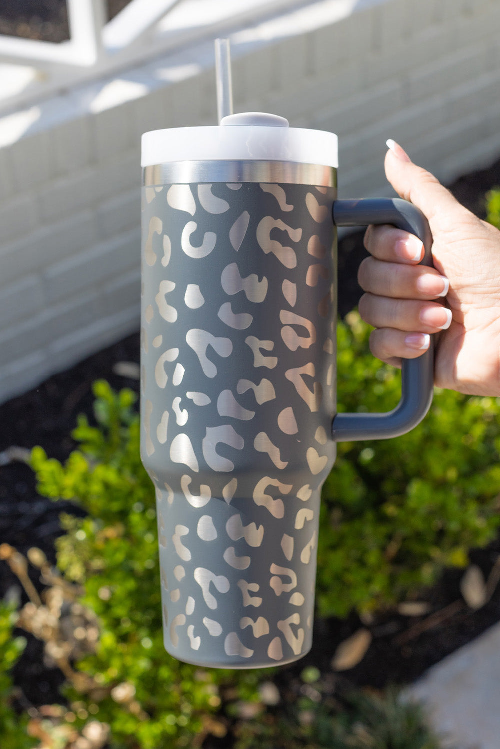 Gray Leopard Print 40OZ Stainless Steel Portable Cup with Handle-Bella Boutique Collective